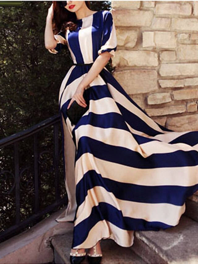  Women's Swing Dress Maxi long Dress Screen Color Long Sleeve Blue & White Striped Print Fall Spring Round Neck Elegant S M L XL XXL 3XL 4XL