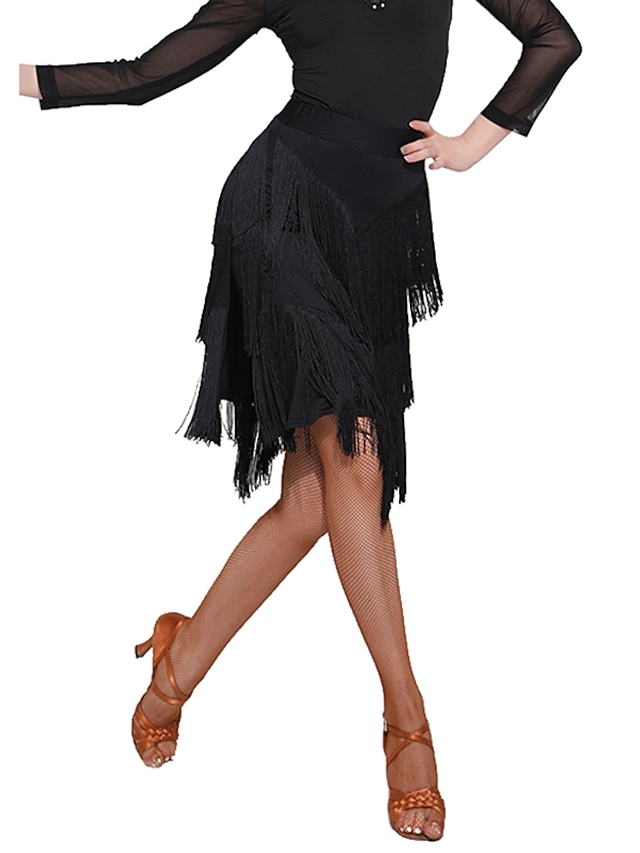  Jupes de danse latine à franges et pompons fendus pour femmes, entraînement, performance, spandex naturel, mousseline de soie, polyester
