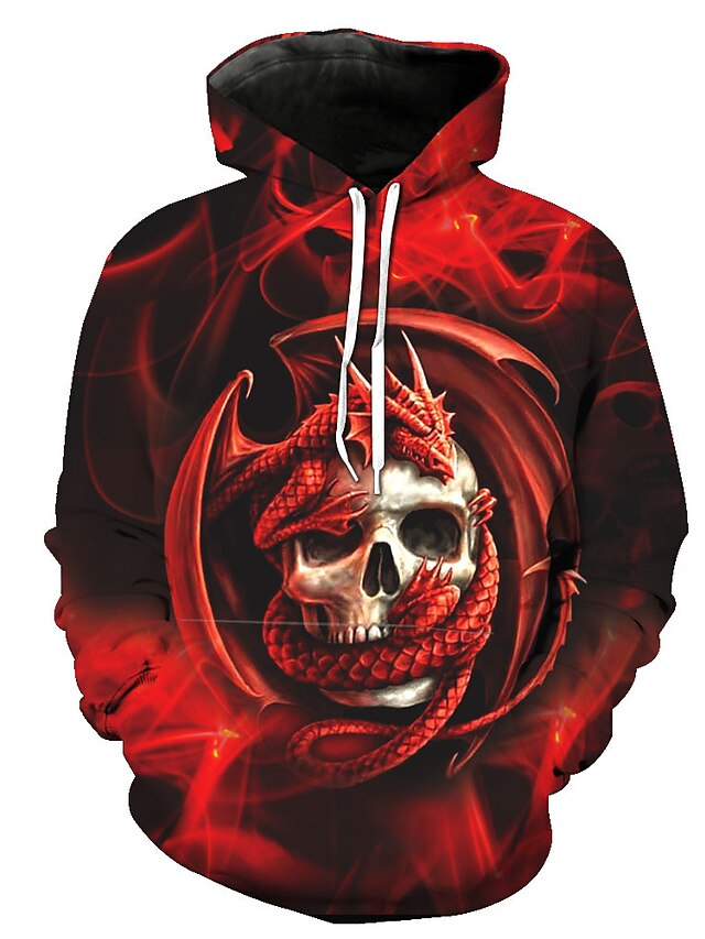  Men's Hoodie 3D Skull Hooded Halloween Party Casual Hoodies Sweatshirts  Red