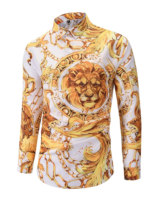  Men's Color Block Graphic Lion Patchwork Print Shirt Basic Street Casual / Daily Classic Collar Yellow / Long Sleeve / Animal