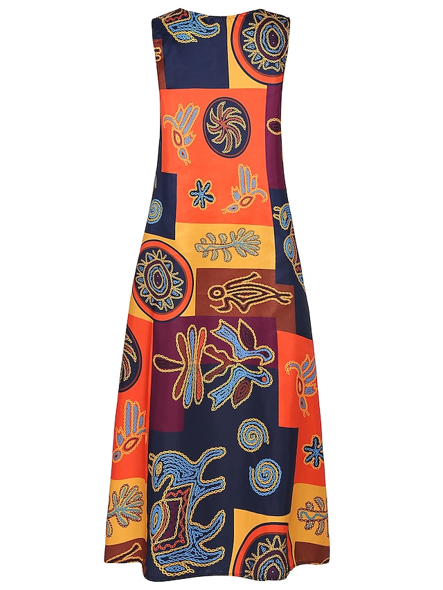 Womens Clothing Plus Size Collection | Womens Sheath Dress Maxi long Dress Orange Red Sleeveless Print Patchwork Print Spring Su