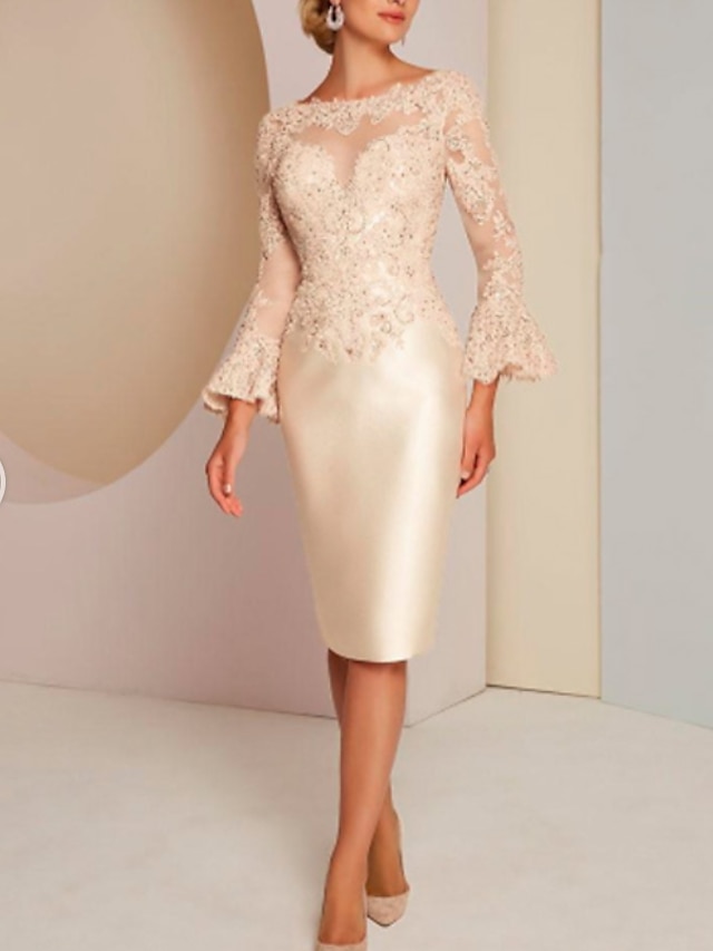  Sheath / Column Mother of the Bride Dress Vintage Luxurious Plus Size Jewel Neck Knee Length Satin Lace Long Sleeve with Beading Appliques 2022