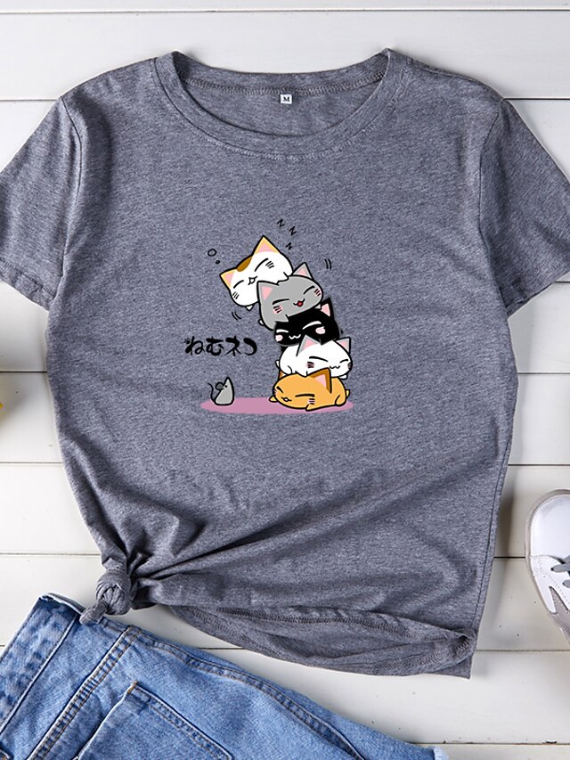  Dames Standaard Print T-shirt Katoen dier / Cartoon / Letter Ruimvallend Paars