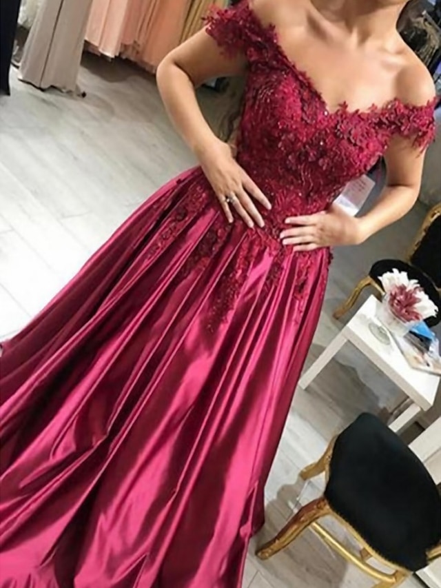  A-Line Luxurious Floral Prom Formal Evening Dress Off Shoulder Short Sleeve Floor Length Satin with Beading Appliques 2022