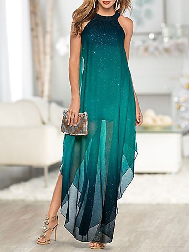  Γυναικεία Μακρύ φόρεμα Πράσινο του τριφυλλιού Αμάνικο Συνδυασμός Χρωμάτων Σκίσιμο Στρογγυλή Λαιμόκοψη καυτό Κομψό M L XL XXL 3XL / Σιφόν
