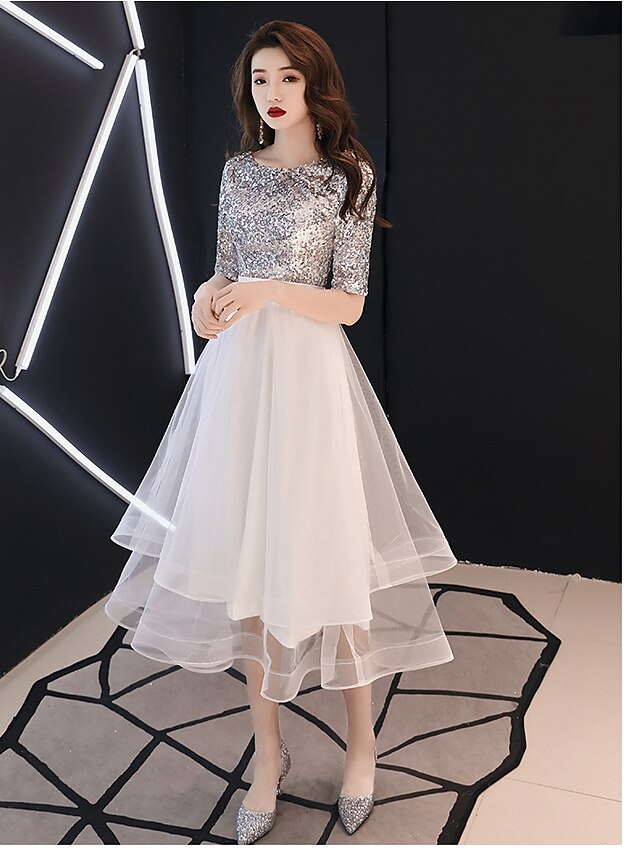  A-Line Sparkle White Cocktail Party Prom Dress Jewel Neck Half Sleeve Tea Length Satin with Sequin Tier 2022