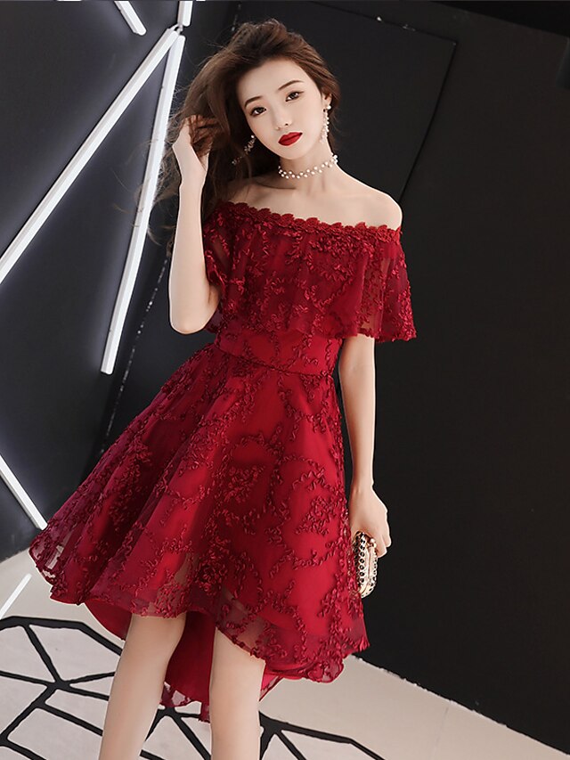  A-Line Cocktail Dresses Sexy Dress Homecoming Cocktail Party Asymmetrical Short Sleeve Off Shoulder Lace with Beading Ruffles Appliques 2024