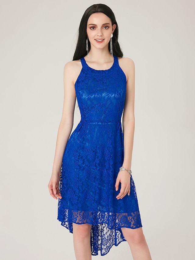  A-Line Sexy Holiday Cocktail Party Dress Jewel Neck Sleeveless Asymmetrical Lace with Lace Insert 2022