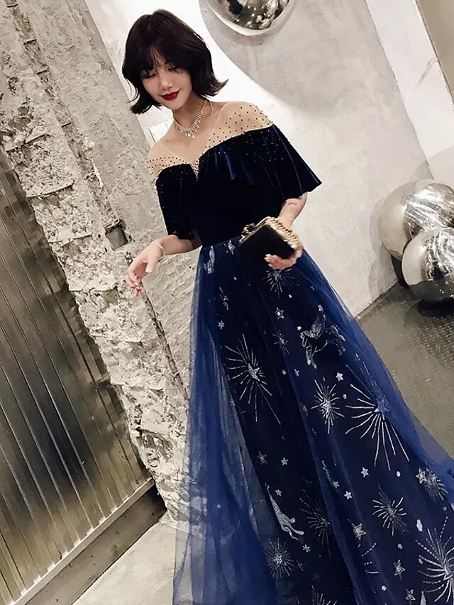  A-Line Vintage Inspired Prom Dress V Neck Short Sleeve Floor Length Lace Tulle Velvet with Beading Lace Insert 2020