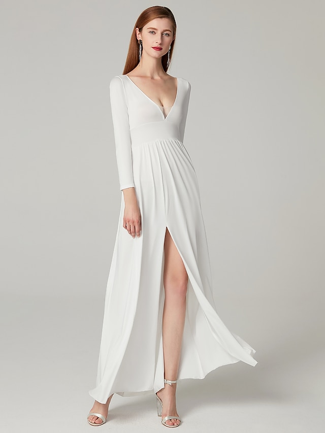  A-Line Elegant & Luxurious Elegant Formal Evening Dress Plunging Neck Long Sleeve Floor Length Milk Fiber with Split Front 2020