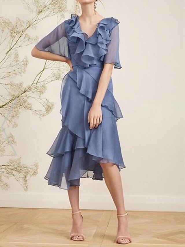  A-Line Cocktail Dresses Elegant Dress Holiday Asymmetrical Short Sleeve V Neck Chiffon with Pleats Cascading Ruffles 2022 / Cocktail Party / Open Back