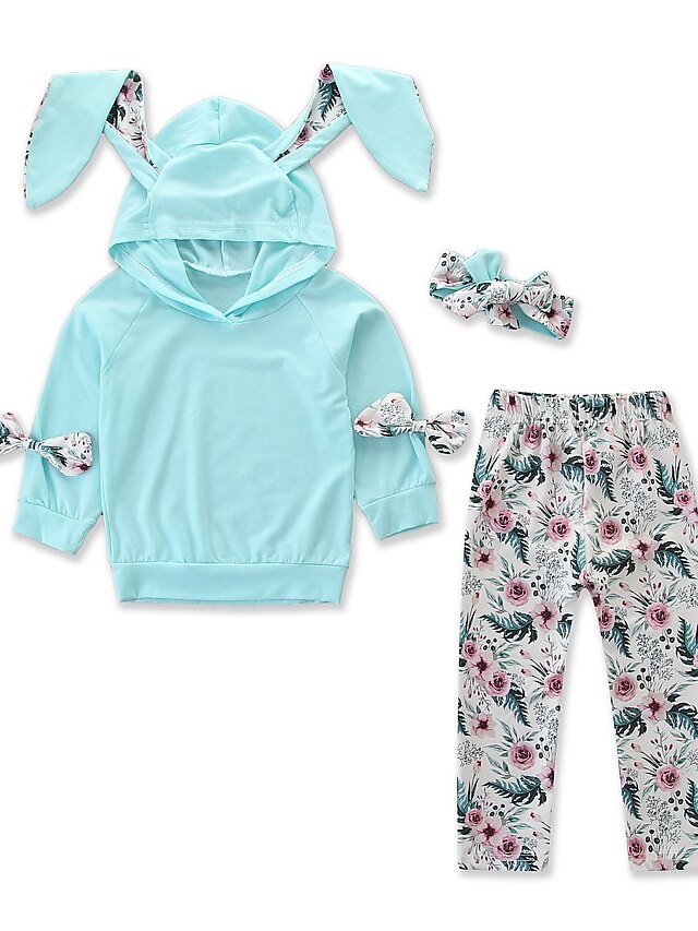  Baby Girls' Active Basic Cotton Floral Bow Print Long Sleeve Regular Clothing Set Light Blue / Toddler