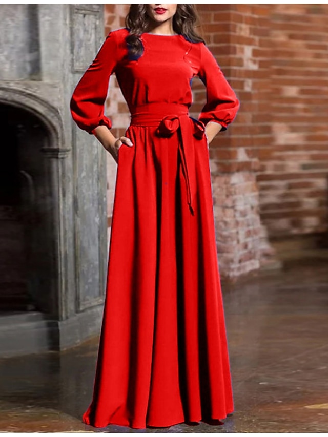  Women's Sheath Dress Maxi long Dress - Long Sleeve Solid Colored Bow Lace up Fashion Spring Summer Basic Wine Black Blue Red Green Navy Blue S M L XL XXL