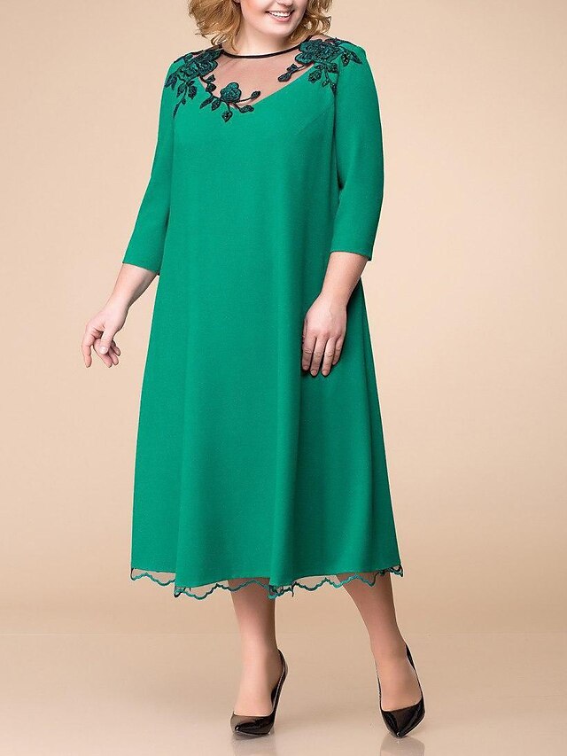  A-Line Mother of the Bride Dress Plus Size Jewel Neck Tea Length Chiffon 3/4 Length Sleeve with Appliques 2021