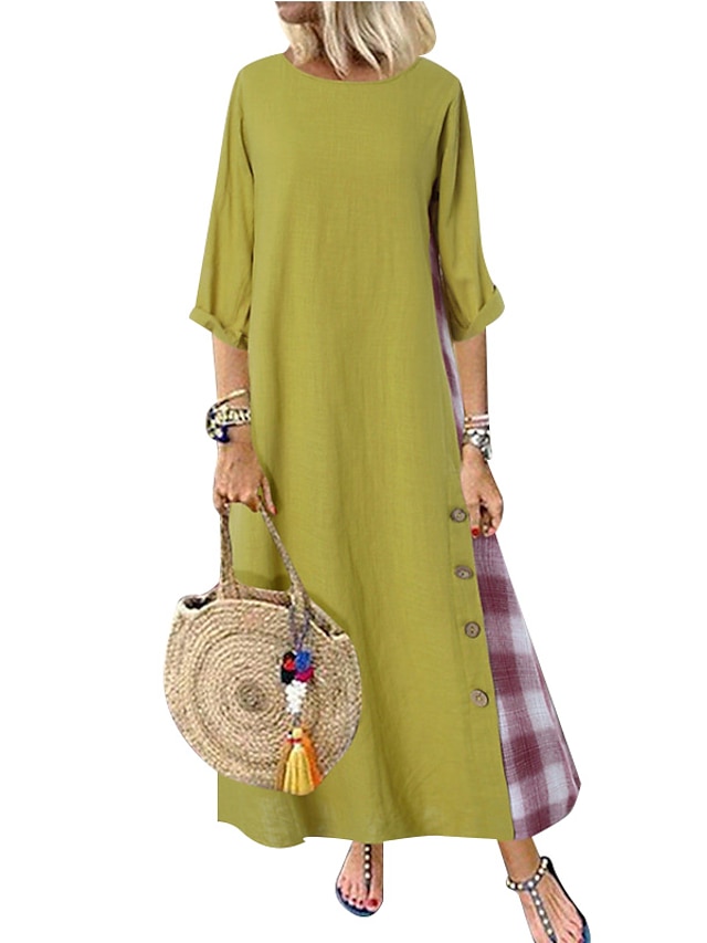  女性用 プラスサイズ グリーン ネイビーブルー ドレス ストリートファッション Ａライン カラーブロック パッチワーク M L ルーズ / コットン