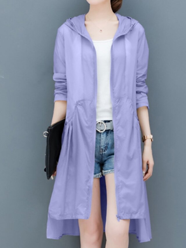  Women's Daily Basic Spring &  Fall Long Trench Coat, Solid Colored Hooded Long Sleeve Polyester Gray / Purple / Khaki