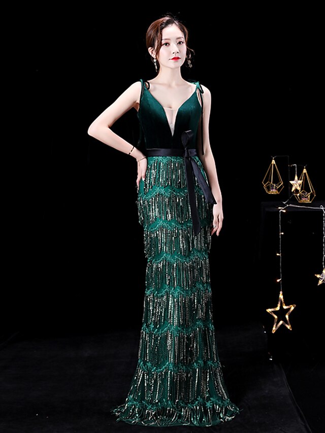  Mermaid / Trumpet Spaghetti Strap Floor Length Sequined / Velvet Elegant / Sparkle & Shine Formal Evening Dress with Sash / Ribbon / Sequin 2020