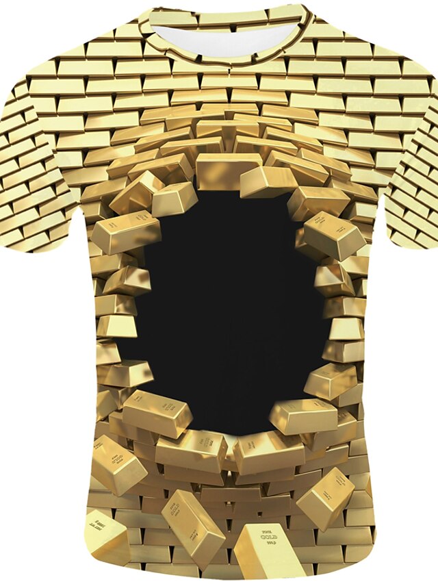  Ανδρικά Μεγάλα Μεγέθη T-shirt 3D Patchwork Κοντομάνικο Άριστος Στρογγυλή Λαιμόκοψη Χρυσό