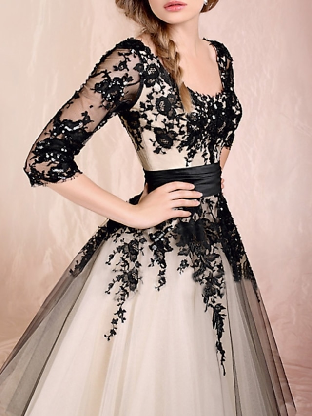  A-Linie Cocktailkleider Elegant Kleid Verlobung Abiball Knöchellänge Halbe Ärmel U-Ausschnitt Spitze mit Applikationen 2024