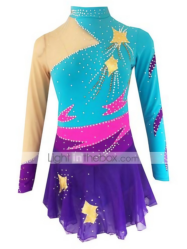  Robe de Patinage Artistique Femme Fille Patinage Robes Bleu pâle Patchwork Spandex Haute élasticité Compétition Tenue de Patinage Fait à la main Couleur Pleine manche longue Patinage sur glace