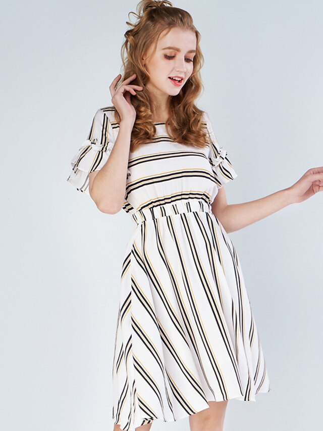  Women's Shirt Dress Short Sleeve Striped Print White S M L XL XXL XXXL