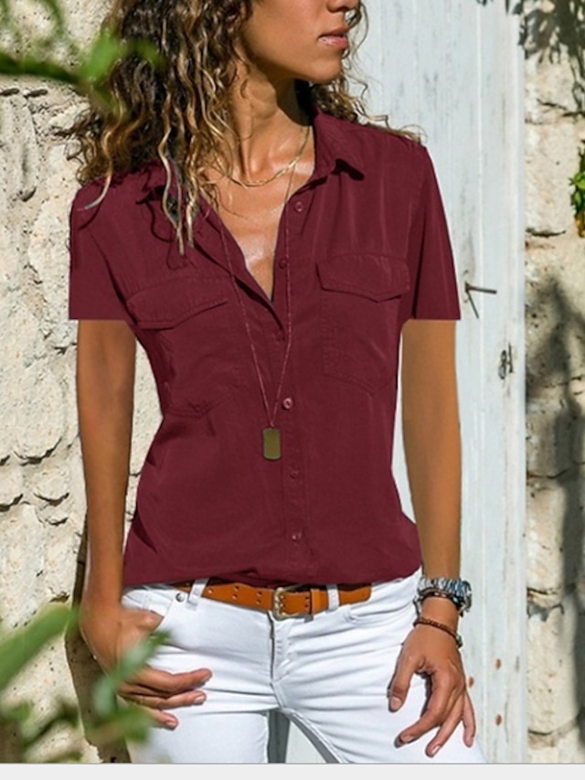  Women's Blouse Shirt Purple Wine Fuchsia Plain Casual Daily Short Sleeve Shirt Collar Basic Business Elegant Regular S