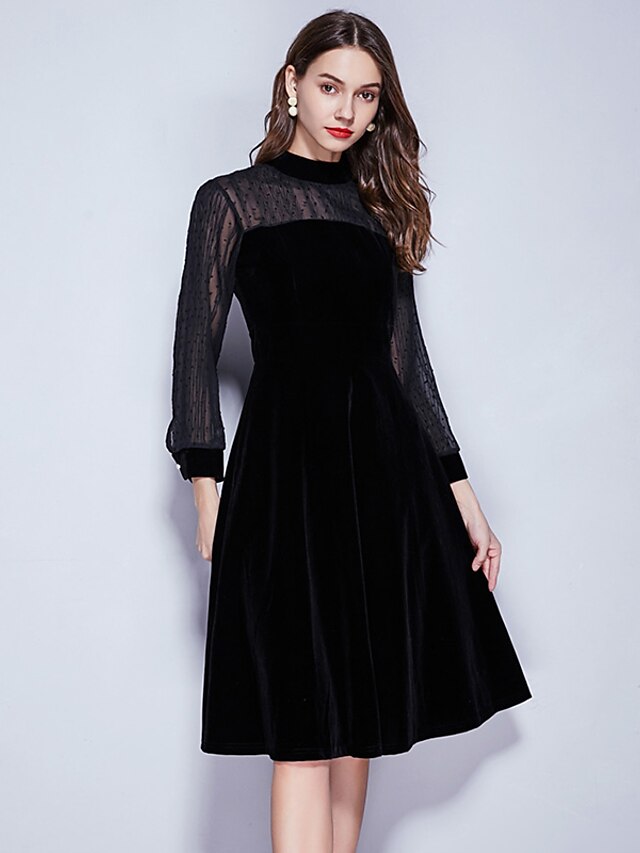  Women's Vintage Basic A Line Little Black Dress - Solid Colored Patchwork Black S M L XL