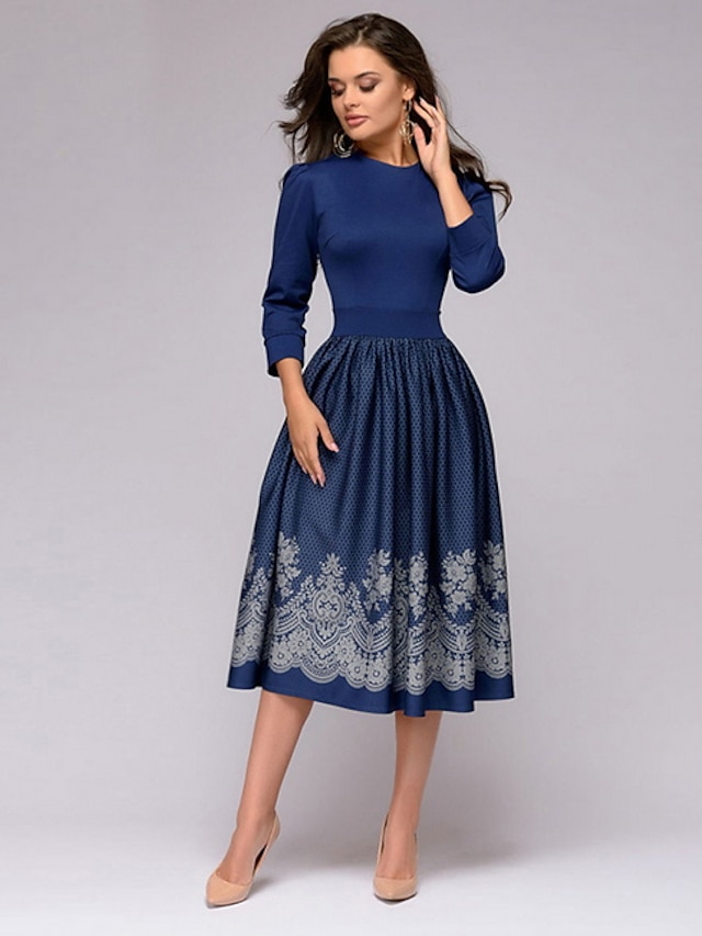 Women's Midi Dress A-Line Dress - Long Sleeve Geometric Navy Blue S M L ...