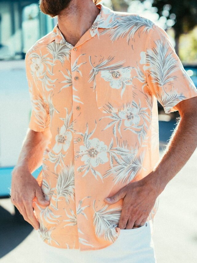  Men's Daily Beach Basic Plus Size Hawaiian Shirt - Creamsicle Floral Print Orange / Short Sleeve 