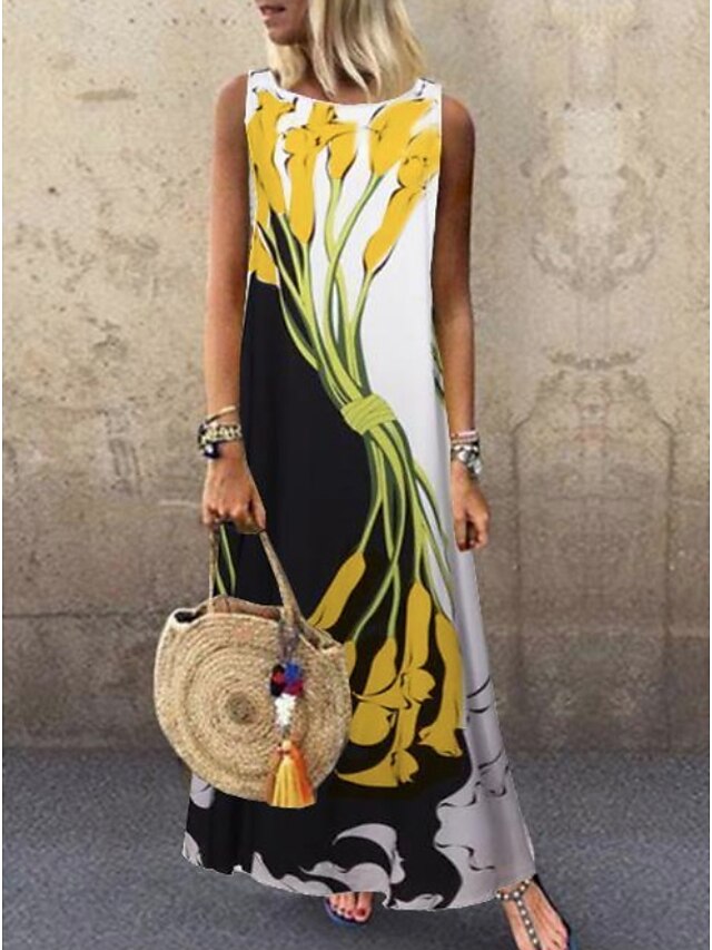  Women's A Line Dress Maxi long Dress Yellow Sleeveless Floral Print Spring & Summer Round Neck Hot Casual Holiday vacation dresses 2021 S M L XL XXL 3XL 4XL 5XL / Plus Size / Plus Size
