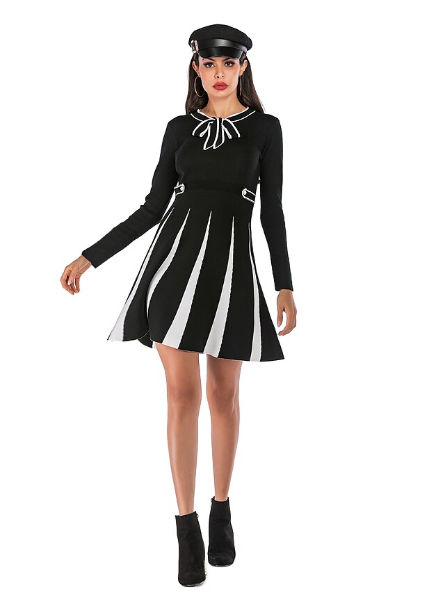  Жен. Платье в стиле 50-х годов Длинный рукав Полоски С принтом Классический Уличный стиль Хлопок Черный S M L XL