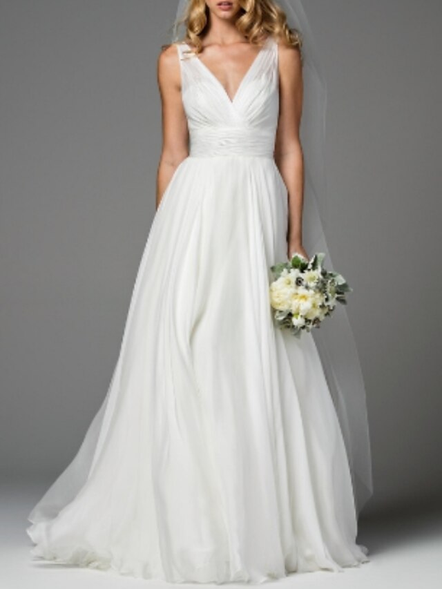  A-Line Wedding Dresses V Neck Sweep / Brush Train Chiffon Regular Straps Simple Casual Backless with Draping 2022