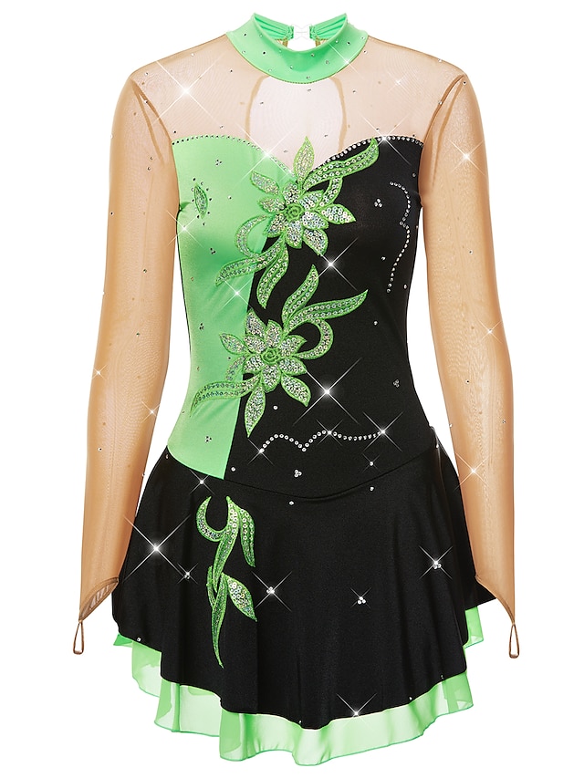  Φόρεμα για φιγούρες πατινάζ Γυναικεία Κοριτσίστικα Patinaj Φορέματα Σύνολα Μαύρο / Πράσινο Κουρελού Σπαντέξ Ελαστικό Νήμα Υψηλή Ελαστικότητα Ανταγωνισμός Ενδυμασία πατινάζ Κλασσικά Μακρυμάνικο