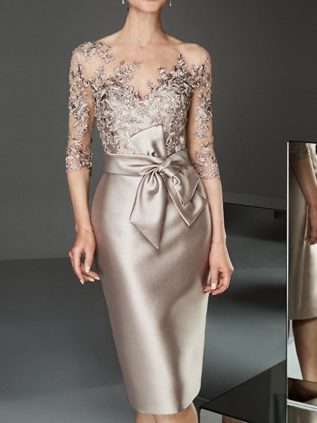  נדן / טור אמא של שמלת הכלה אלגנטית צווארון טאטו באורך הברך סאטן טול חצי שרוול עם אפליקציות חרוזים קשתות 2020 שמלות הכלה של החתן