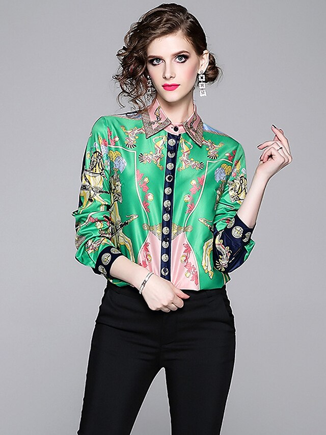  Skjortekrage Skjorte Dame - Ruter, Trykt mønster Elegant / Vintage Grønn