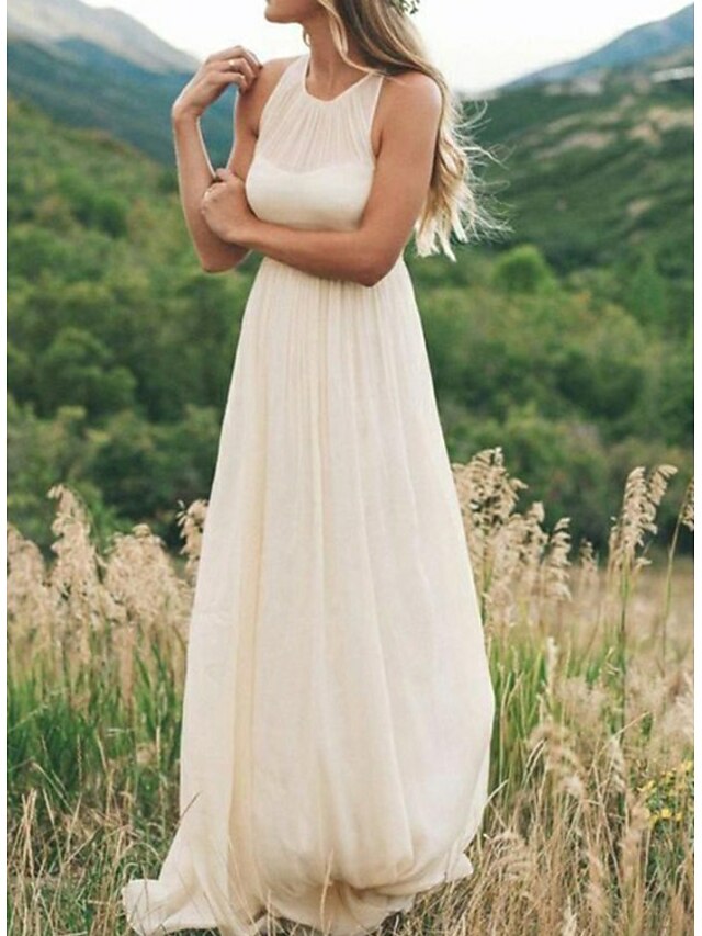  Hall Casual Wedding Dresses Sweep / Brush Train A-Line Regular Straps Jewel Neck Chiffon With Draping 2023 Bridal Gowns