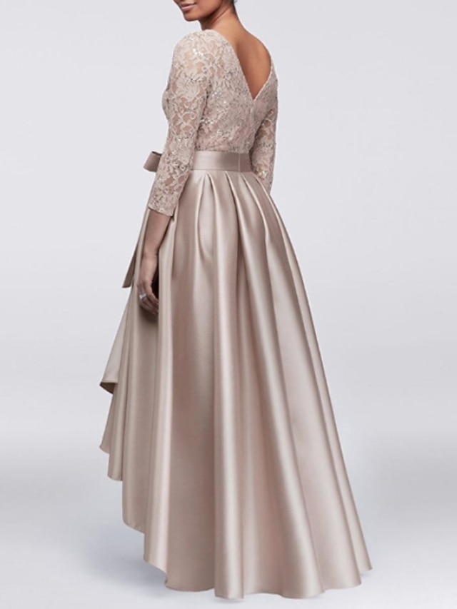  A-Linie Mutter der Braut Kleid Hochzeitsgast Elegant Plus-Size Hoch-Tief Juwelenhals asymmetrisch Satin Spitze 3/4-Länge Ärmel mit Gürtel  Band Applikationen kostenlose individuelle Größe