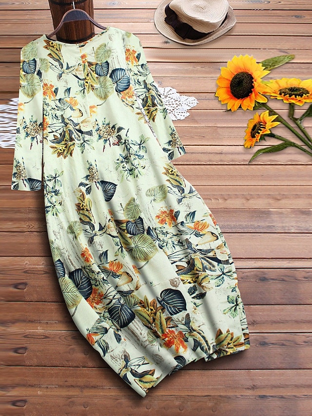 Women's Plus Size Shift Dress Midi Dress - Long Sleeve Floral Print ...