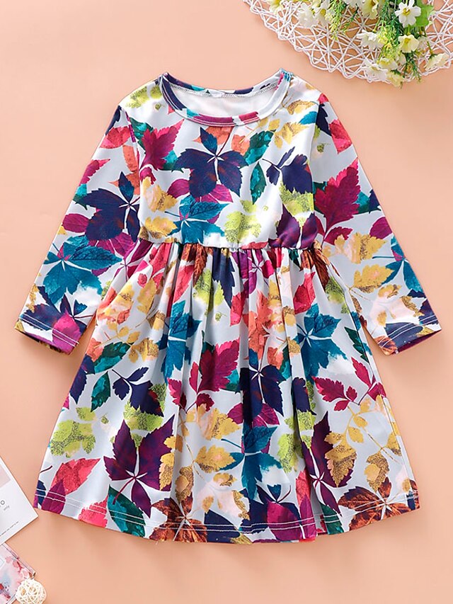  Κορίτσια » Μακρυμάνικο Φυτά Δένδρα / φύλλα Τρισδιάστατα τυπωμένα γραφικά Φορέματα Βασικό Γλυκός Ως το Γόνατο Βαμβάκι Φόρεμα Παιδιά Νήπιο Κανονικό Κουρελού