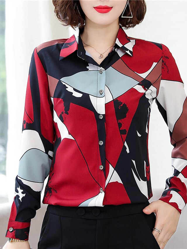  Mujer Bloques Estampado Camisa Tejido Oriental Diario Trabajo Cuello Camisero Rojo