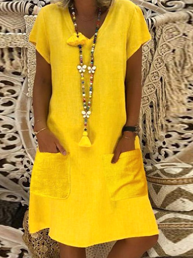Women's Casual Dress Shift Dress Pure Color Pocket V Neck Midi Dress ...