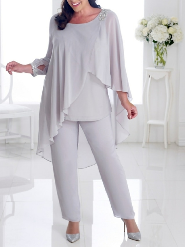  Two Piece Jumpsuit / Pantsuit Mother of the Bride Dress Elegant Plus Size Jewel Neck Ankle Length Chiffon Long Sleeve with Beading Ruffles 2023