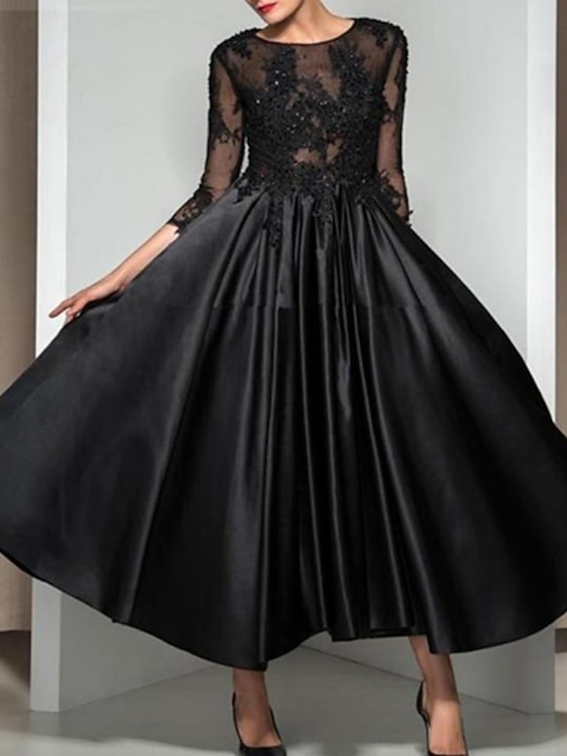 ALine Elegant Cocktail Party Formal Evening Dress Illusion Neck 3/4