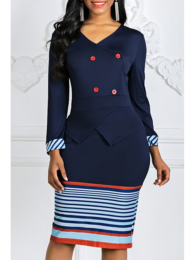  Women's Bodycon Dress Stripe Fashion V Neck Spring Purple Blue S M L XL