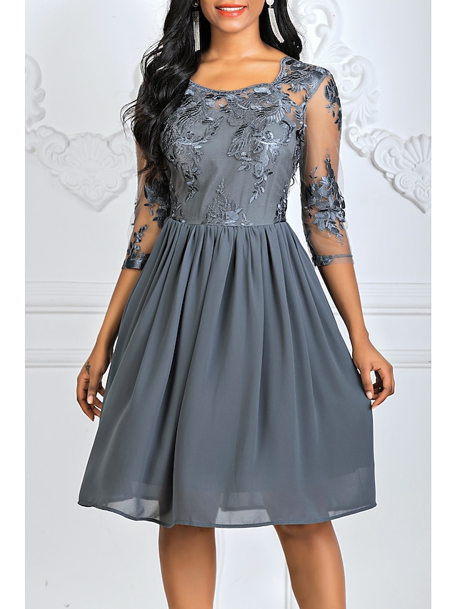  Women's A-Line Dress Knee Length Dress 3/4 Length Sleeve Floral Lace Hot Blue Wine Gray S M L XL XXL