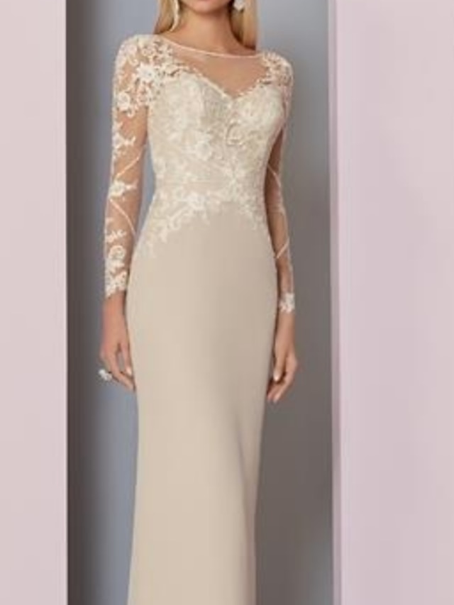  Sheath / Column Mother of the Bride Dress Elegant See Through Jewel Neck Floor Length Chiffon Lace Long Sleeve with Appliques 2022