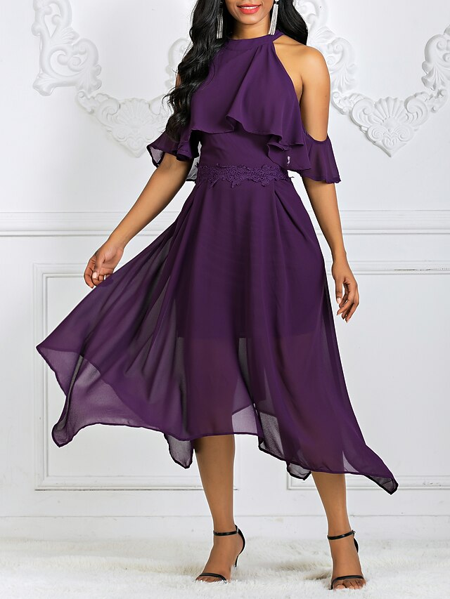 Women's Asymmetrical Wine Purple Dress Swing Solid Colored Halter Neck