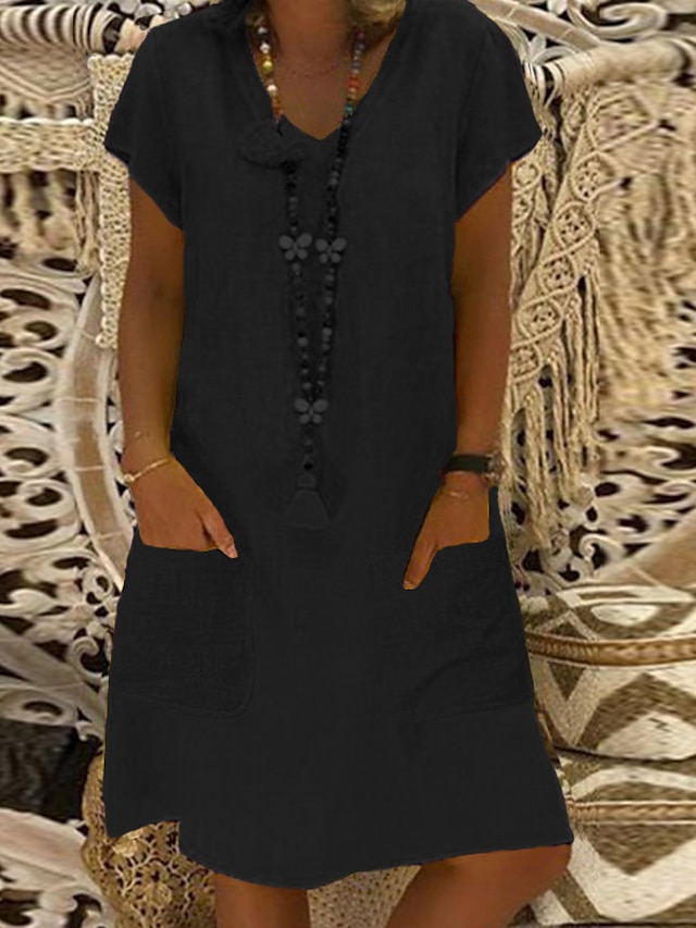 Women's Cotton Casual Dress Shift Dress V Neck Midi Dress Basic Daily ...