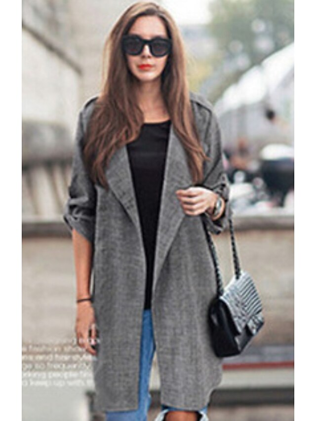  Women's Daily Basic Plus Size Long Trench Coat, Solid Colored Collarless Long Sleeve Polyester Dark Gray