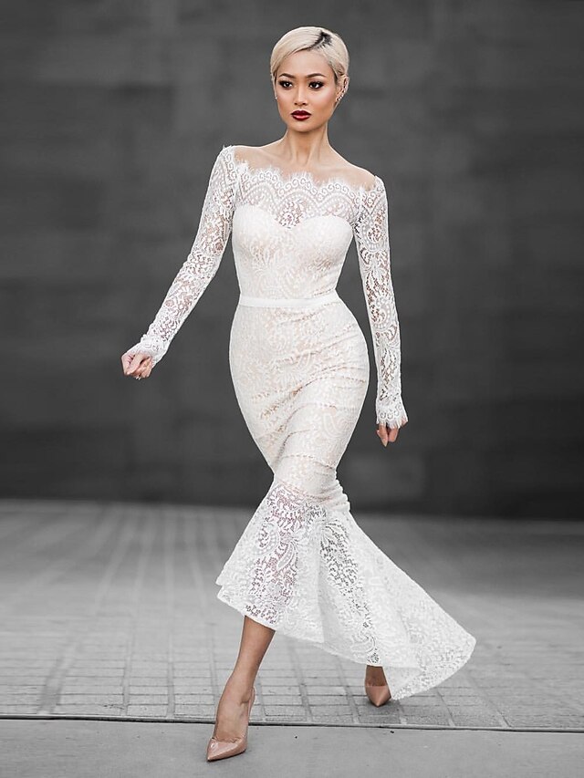  Damen Anspruchsvoll Elegant Bodycon Hülle Kleid - Spitze Bestickt Spitzenbesatz, Solide Maxi Weiß
